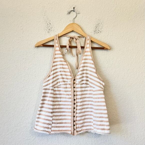 WE THE FREE Mylo Tank Top Tan White Striped Halter Neck Beach Vacay NWT - Picture 2 of 12